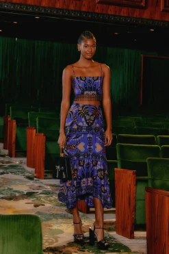  BLUE MARTINA SCARF BEADED MIDI SKIRT