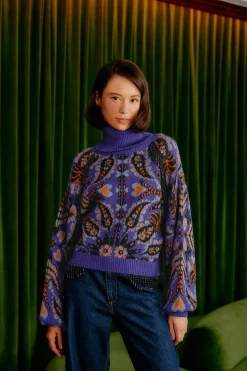 BLUE MARTINA SCARF SEQUIN EMBROIDERED KNIT CARDIGAN