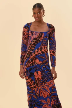  BLUE TROPICAL GOLD LONG SLEEVE DRESS