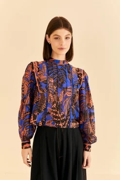 BLUE TROPICAL GOLD PLEATED LONG SLEEVE BLOUSE