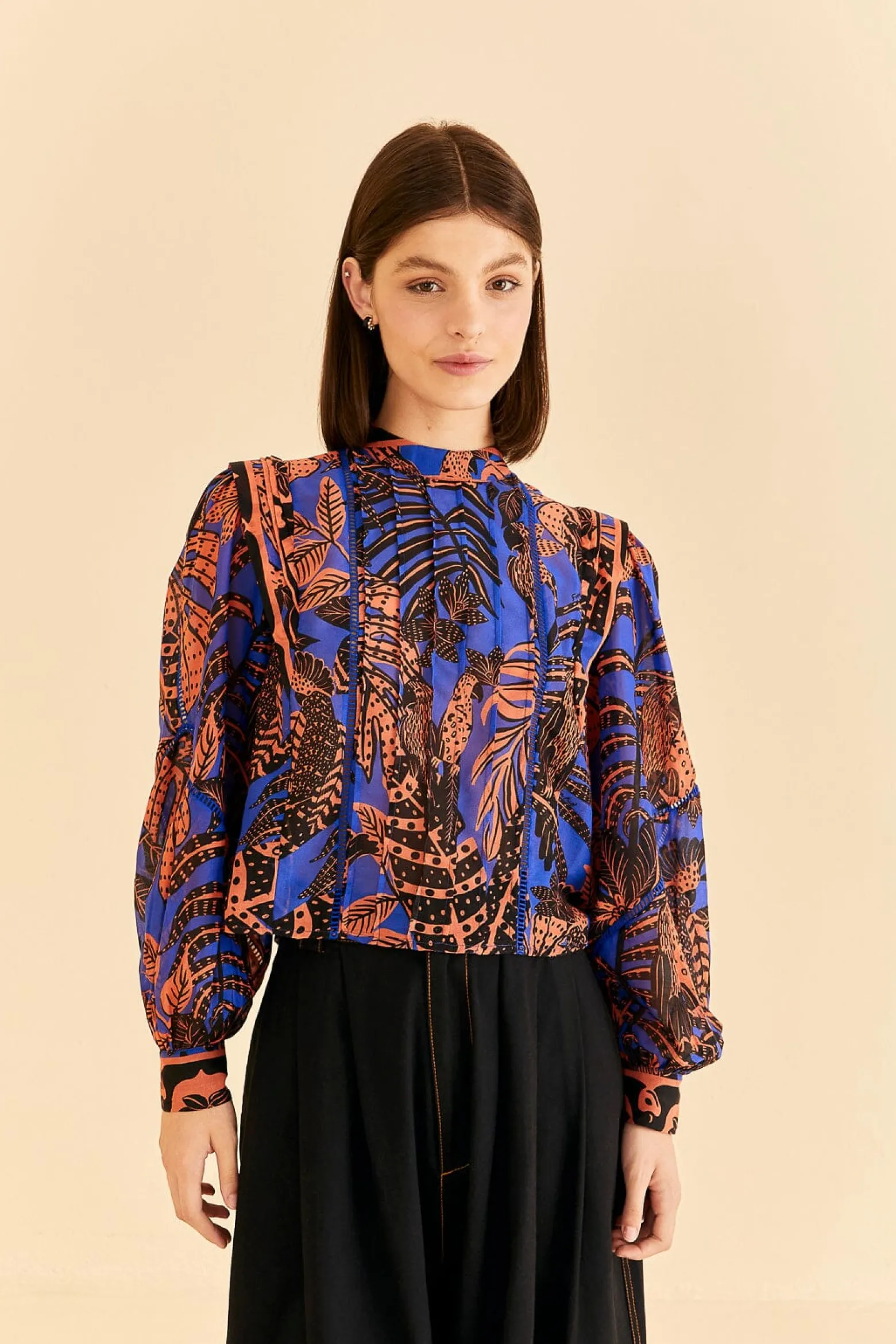 BLUE TROPICAL GOLD PLEATED LONG SLEEVE BLOUSE