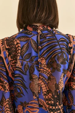 BLUE TROPICAL GOLD PLEATED LONG SLEEVE BLOUSE