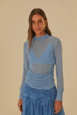BLUE TULLE LONG SLEEVED BLOUSE