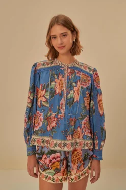BLUE WONDERFUL BOUQUET LONG SLEEVE BLOUSE