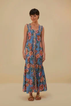  BLUE WONDERFUL BOUQUET SLEEVELESS MAXI DRESS