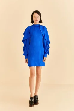  BRIGHT BLUE BACKLESS RUFFLE SLEEVE MINI DRESS