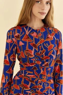  BRIGHT BLUE MUSHROOM SKETCH LENZING™ ECOVERO™ VISCOSE MIDI DRESS