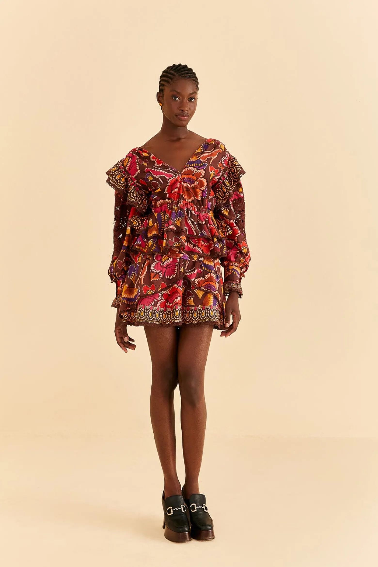 BROWN BRIGHT FLORA MINI SKIRT