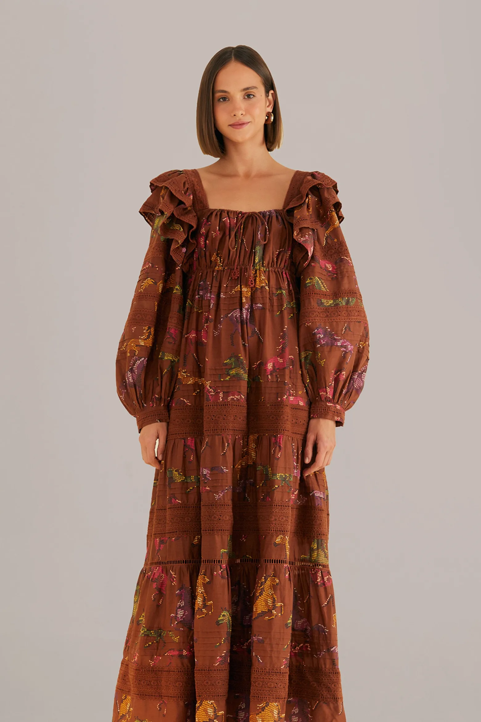 BROWN DOTTED HORSES MAXI DRESS