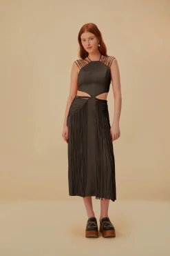  BROWN FRINGED SLEEVELESS MIDI DRESS