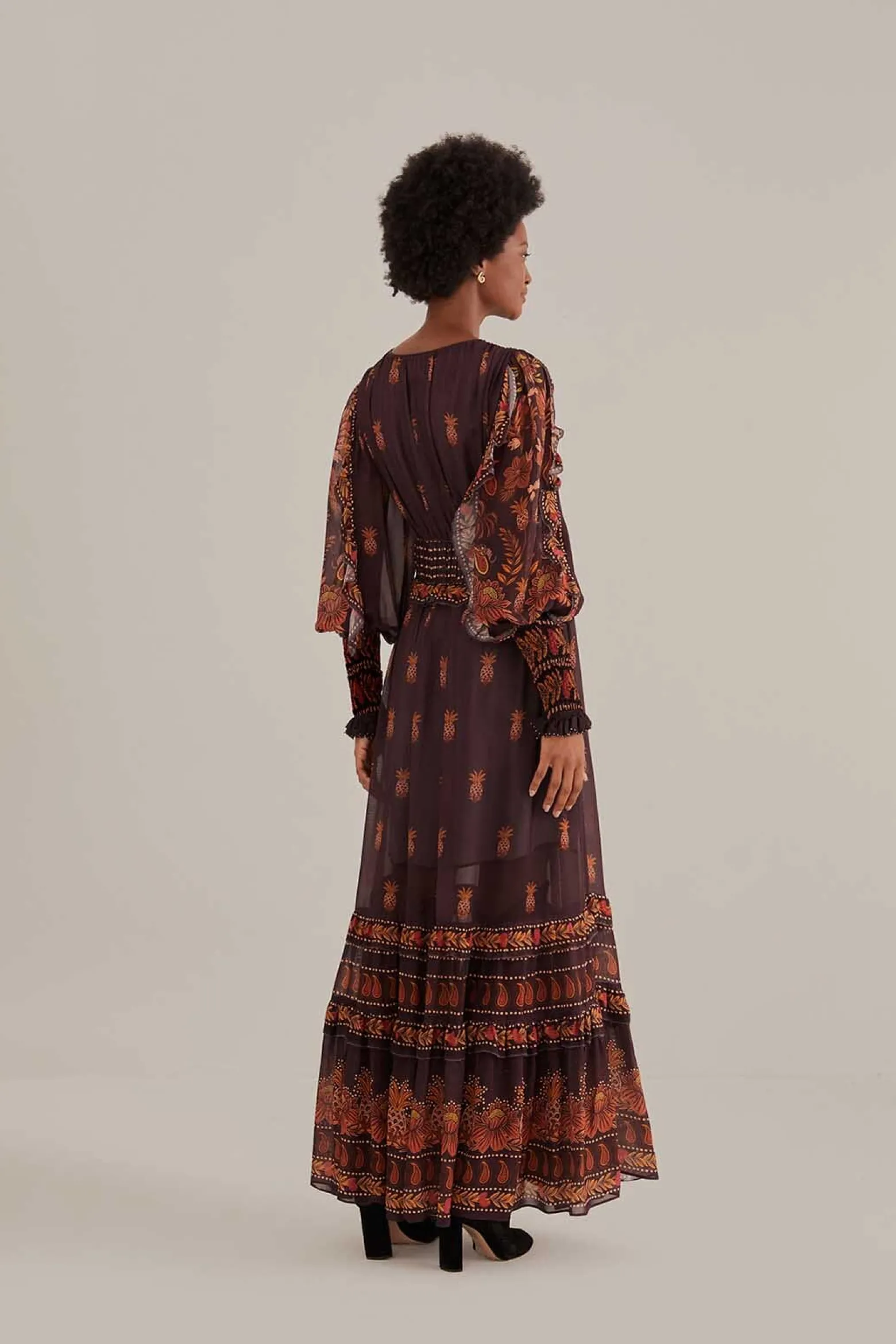 BROWN PAISLEY BLOOM LONG SLEEVE MAXI DRESS