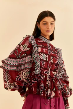 BURGUNDY PINEAPPLE INSPIRATION RUFFLE BLOUSE