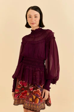BURGUNDY RUFFLE HIGH NECK BLOUSE