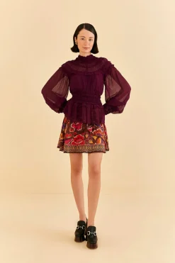  BURGUNDY RUFFLE HIGH NECK BLOUSE