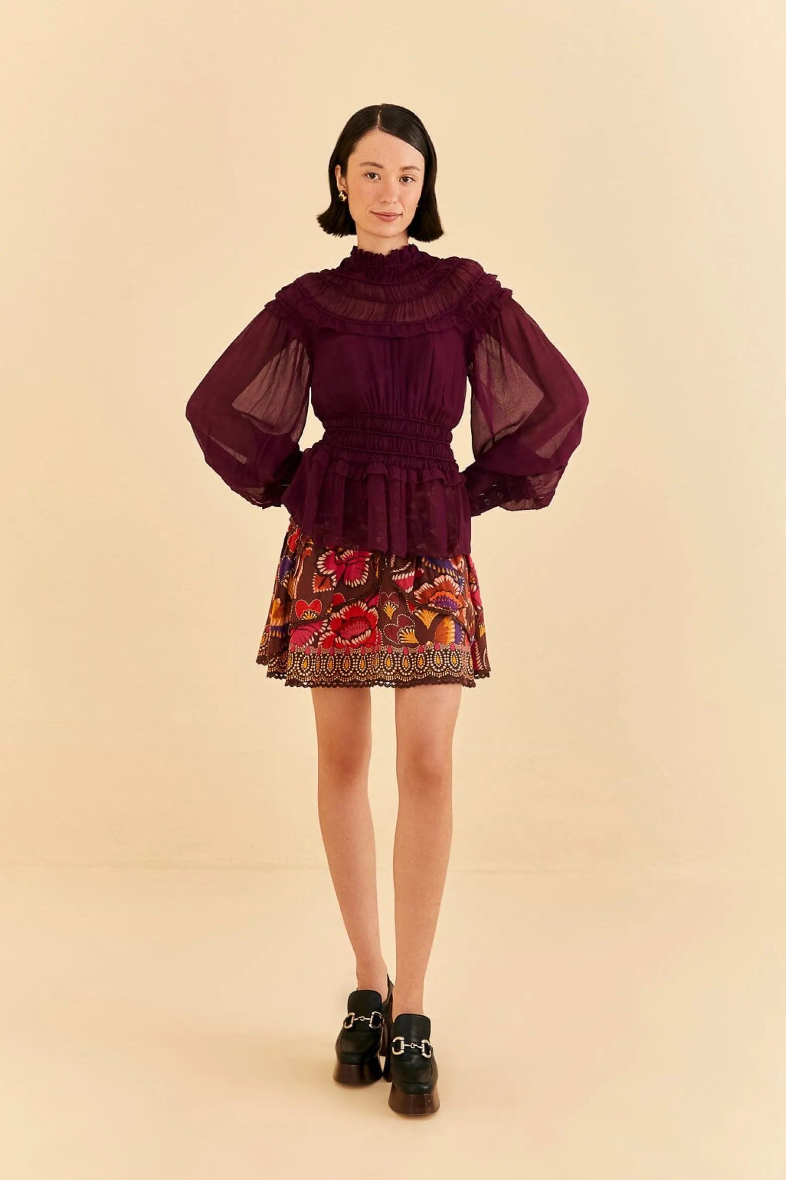 BURGUNDY RUFFLE HIGH NECK BLOUSE