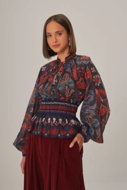 DARK BLUE TROPICAL SHINE V NECK BLOUSE