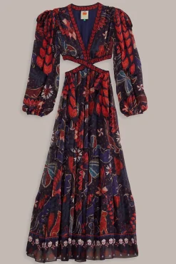 DARK BLUE TROPICAL SHINE CUT OUT MAXI DRESS