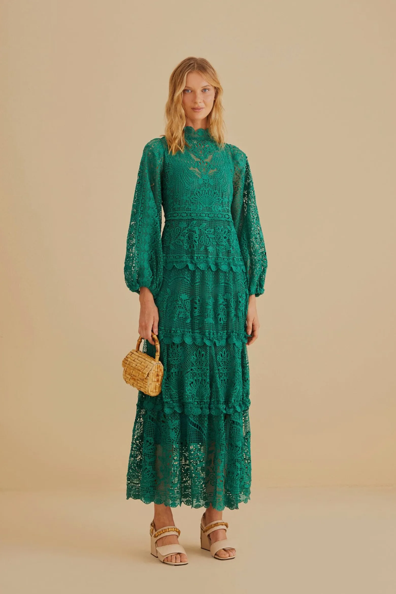DARK GREEN GUIPURE LONG SLEEVE MAXI DRESS
