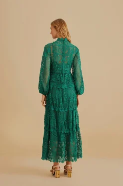 DARK GREEN GUIPURE LONG SLEEVE MAXI DRESS