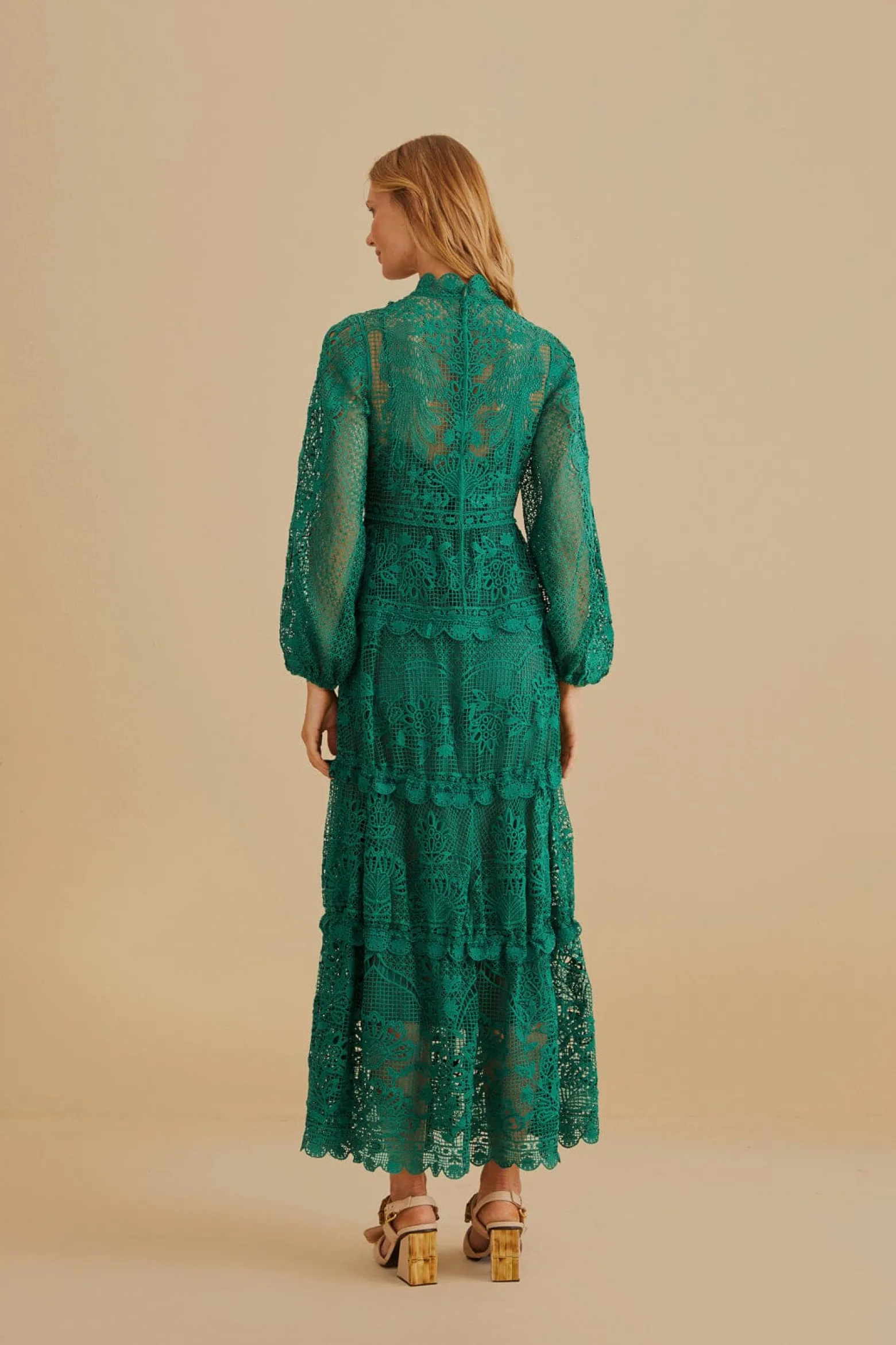 DARK GREEN GUIPURE LONG SLEEVE MAXI DRESS