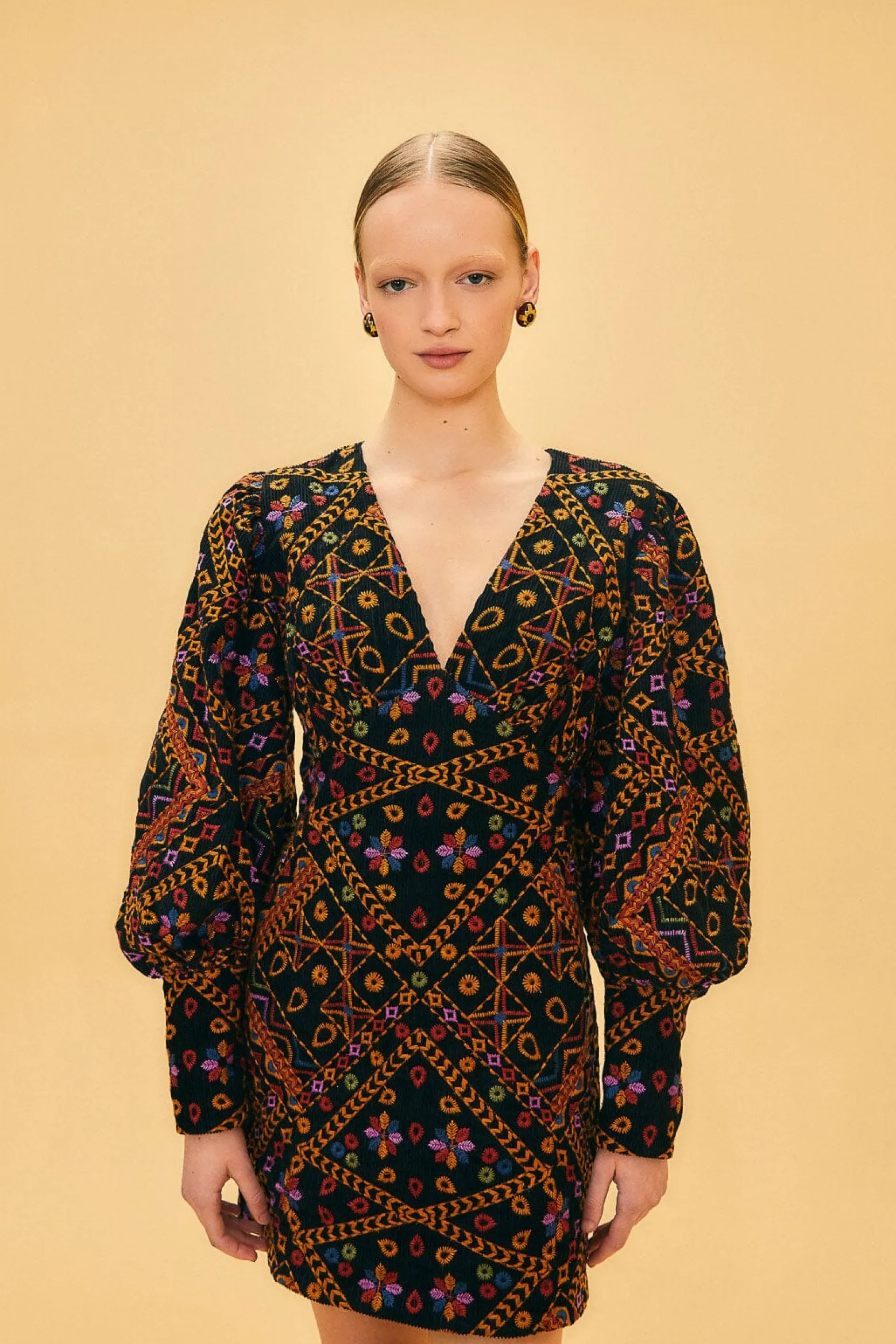 EMBROIDERED CORDUROY PUFF SLEEVE MINI DRESS