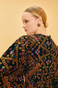 EMBROIDERED CORDUROY PUFF SLEEVE MINI DRESS