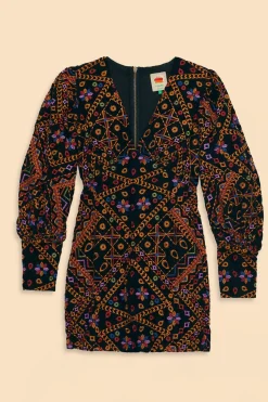 EMBROIDERED CORDUROY PUFF SLEEVE MINI DRESS