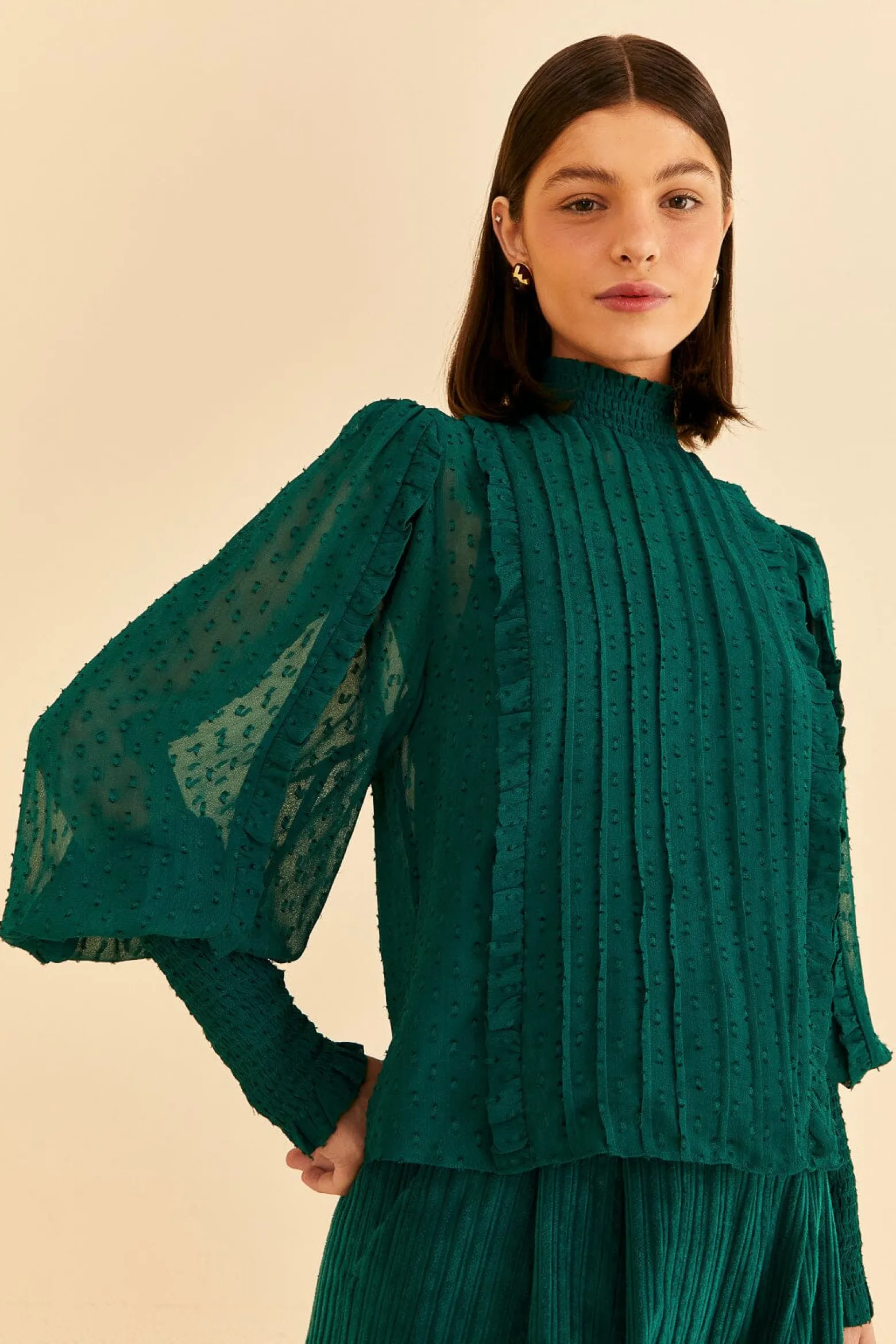 EMERALD RUFFLE LONG SLEEVE BLOUSE