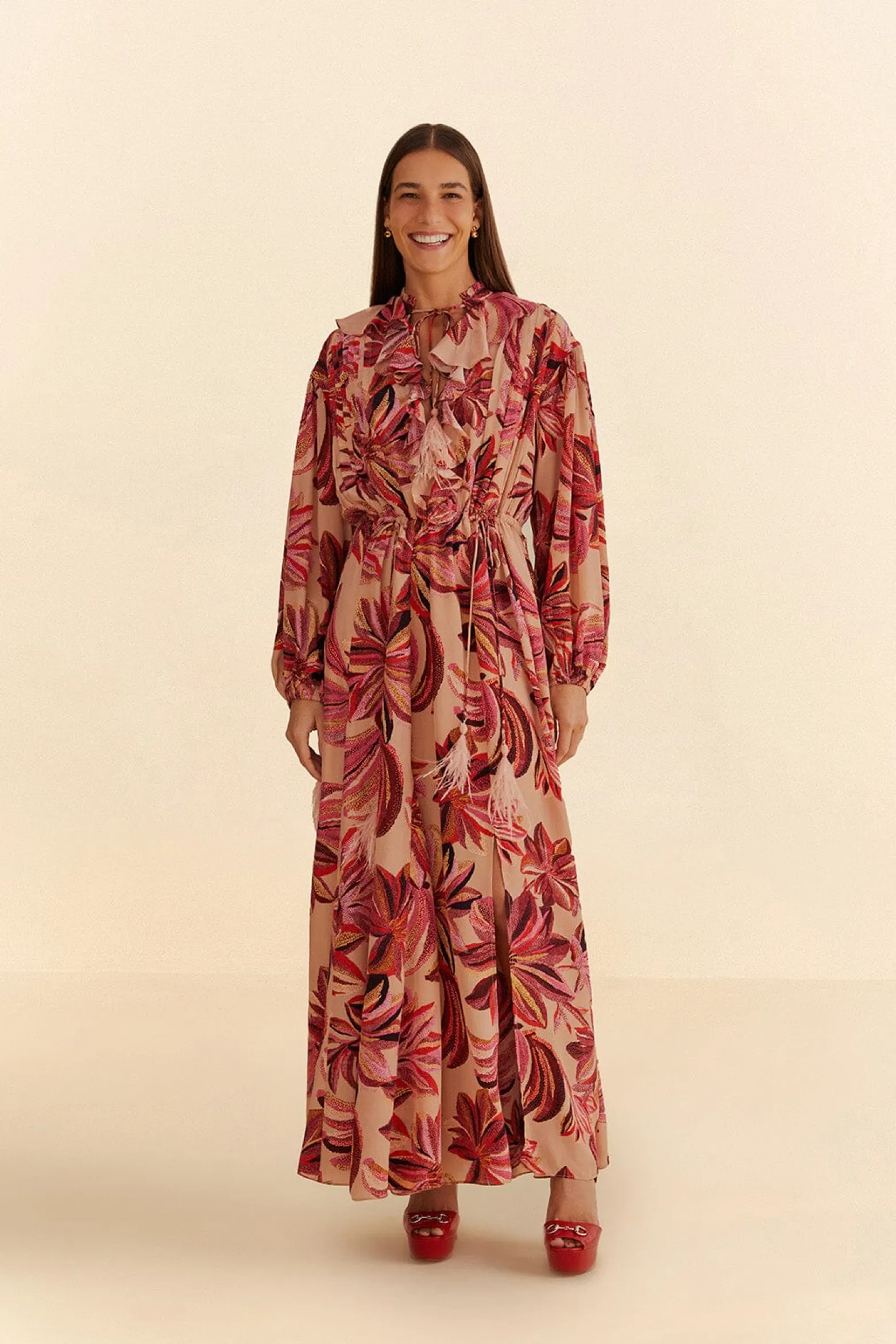 FLORAL TAPESTRY V NECK MAXI DRESS