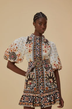  FLOWER FAN TAPESTRY OFF-WHITE MINI DRESS