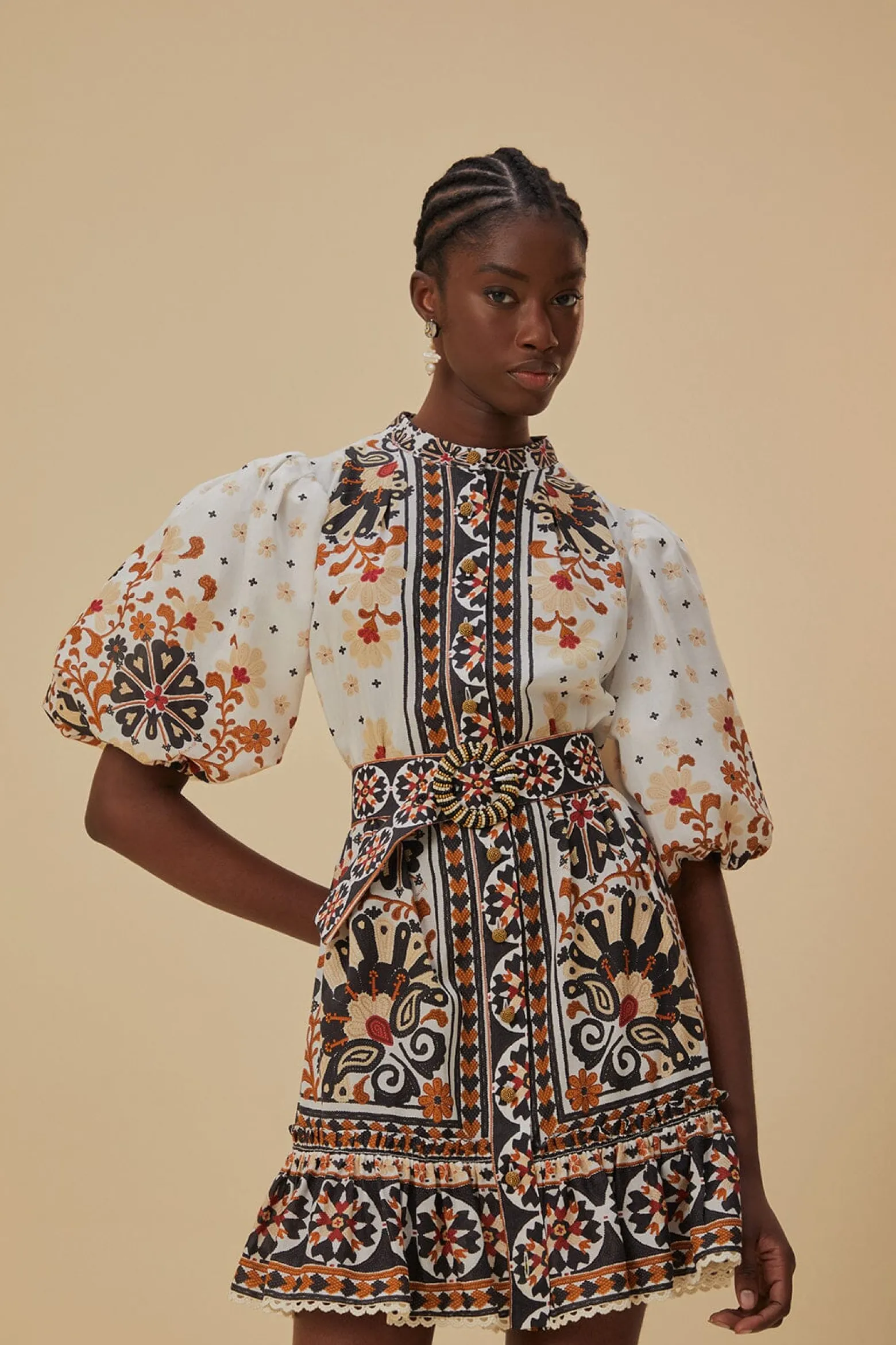 FLOWER FAN TAPESTRY OFF-WHITE MINI DRESS