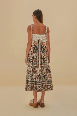  FLOWER FAN TAPESTRY OFF-WHITE MIDI DRESS