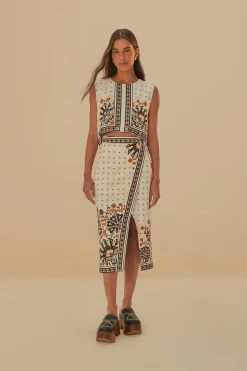 FLOWER FAN TAPESTRY OFF-WHITE WRAP MIDI SKIRT