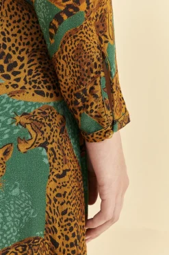 GREEN ARTSY LEOPARDS LONG SLEEVE MAXI DRESS