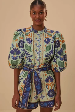 GREEN OCEAN TAPESTRY BELTED ROMPER