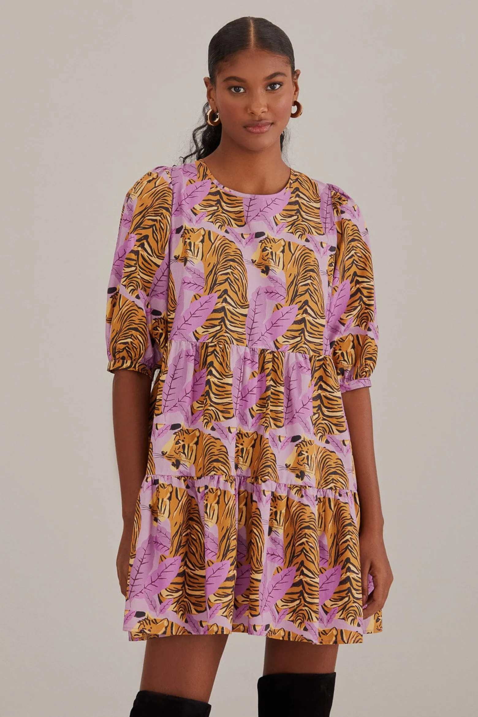 LAVENDER TIGER LEAVES PUFF SLEEVE MINI DRESS