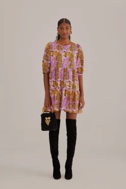  LAVENDER TIGER LEAVES PUFF SLEEVE MINI DRESS