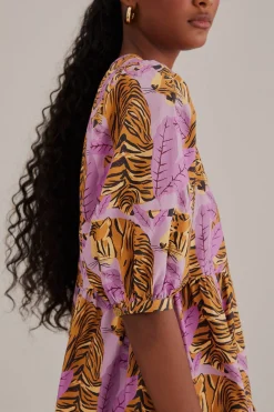 LAVENDER TIGER LEAVES PUFF SLEEVE MINI DRESS