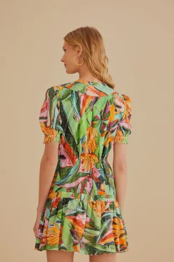 MULTICOLOR BANANA FOLIAGE SHORT SLEEVE MINI DRESS