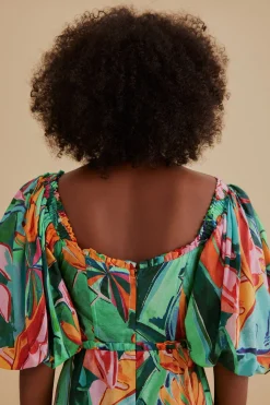  MULTICOLOR BANANA FOLIAGE PUFF SLEEVE MIDI DRESS
