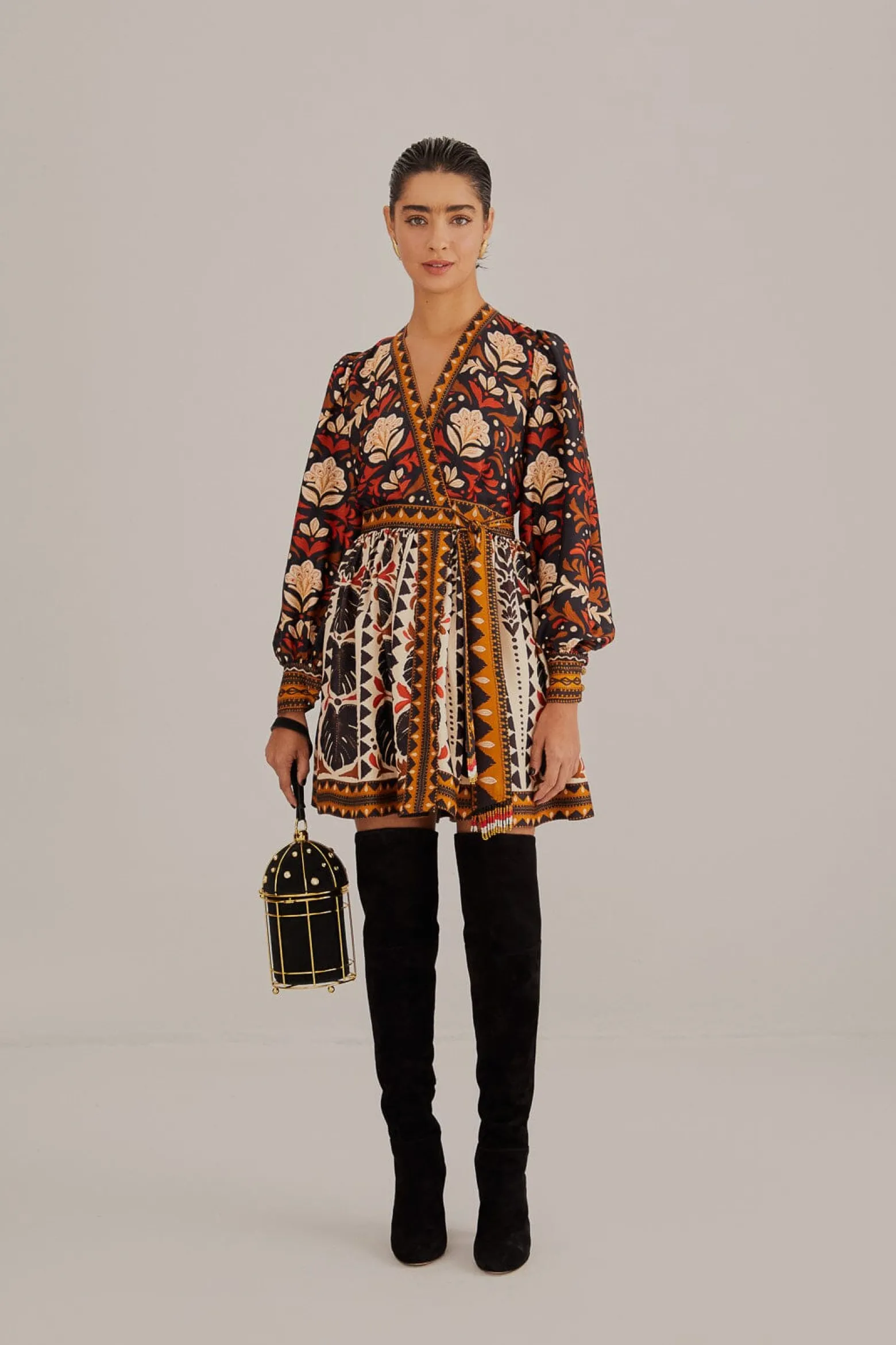 MULTICOLOR TAPESTRY GARDEN V NECK MINI DRESS