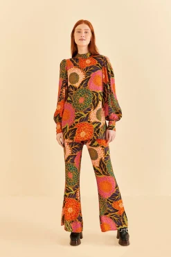 MULTICOLOR VINTAGE GARDEN SATIN FLARE PANTS
