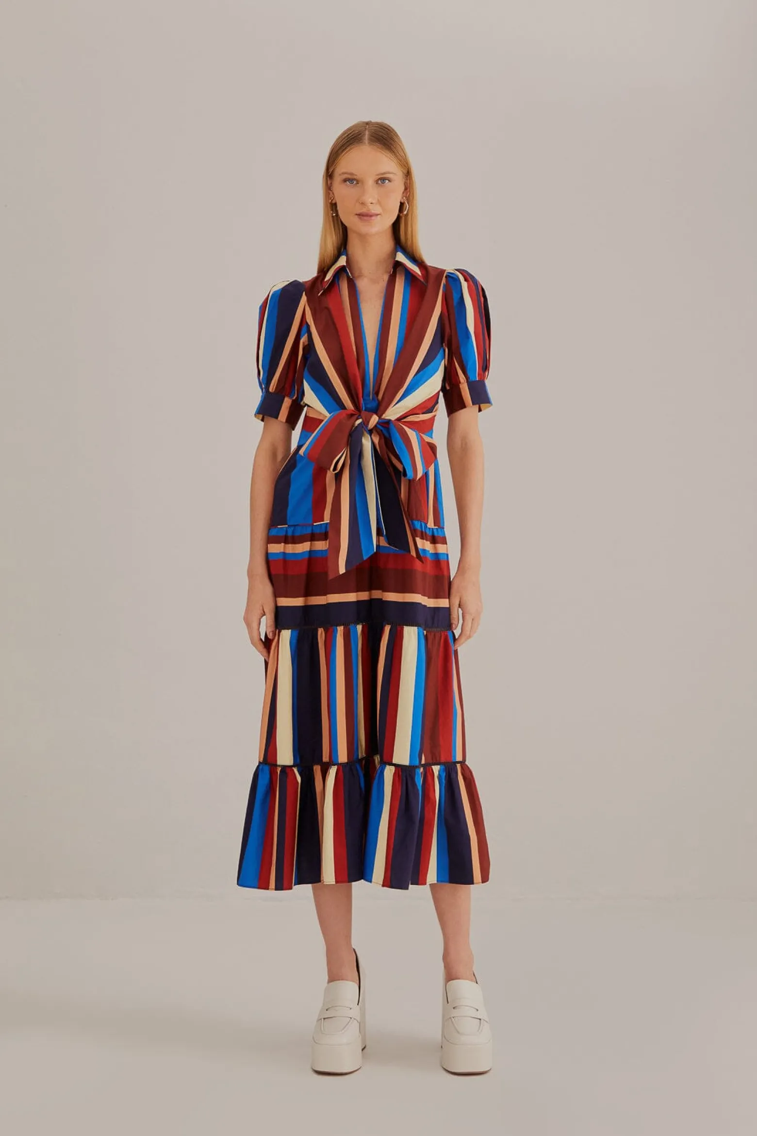 MULTICOLOR WINTER STRIPES SHORT SLEEVE MIDI DRESS