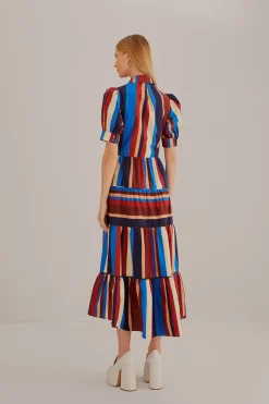 MULTICOLOR WINTER STRIPES SHORT SLEEVE MIDI DRESS