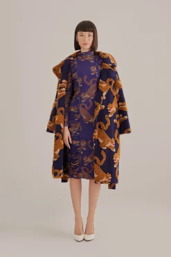  NAVY BLUE LEOPARDS  HIGH NECK MIDI DRESS