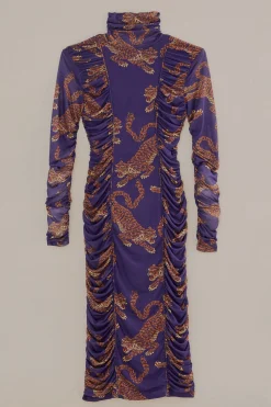  NAVY BLUE LEOPARDS  HIGH NECK MIDI DRESS