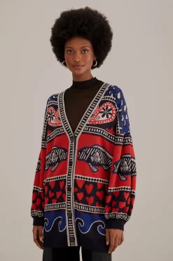  NAVY MIXED PRINTS KNIT CARDIGAN