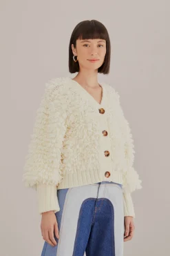  OFF-WHITE TEXTURED V NECK CARDIGAN