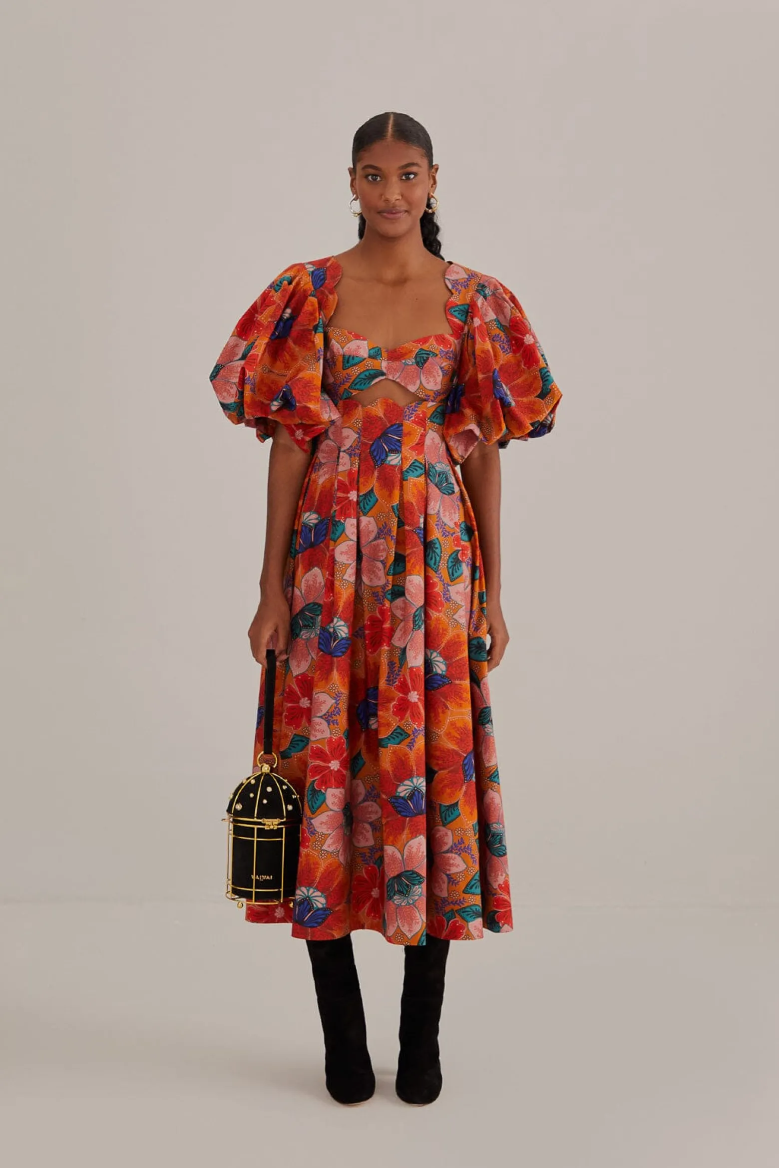 ORANGE MARIAS FLORAL CUT-OUT MIDI DRESS