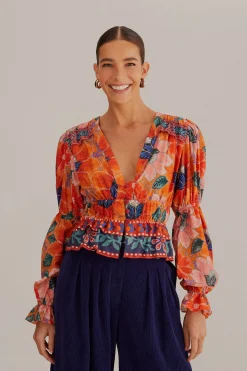 ORANGE MARIAS FLORAL LONG SLEEVE BLOUSE